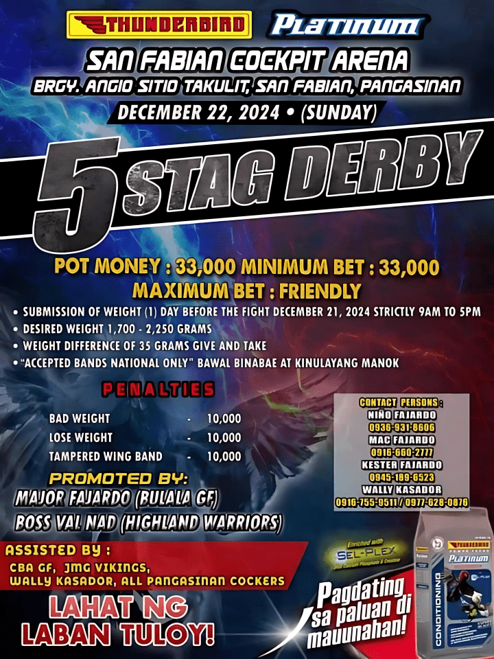 Tuloy na tuloy ang laban sa San Fabian Cockpit Arena San Fabian Pangasinan, Bukas na December 22, 2024! Kaya wag ng mapahuli mga Liyamado!